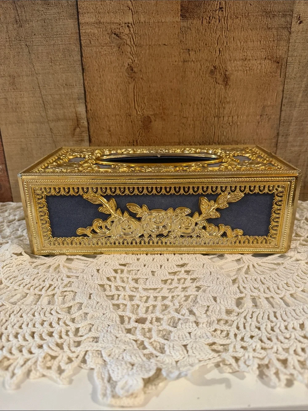 Vtg Hollywood Regency Style Gold Tone Filligree Flocked Blue Tissue Box Cover